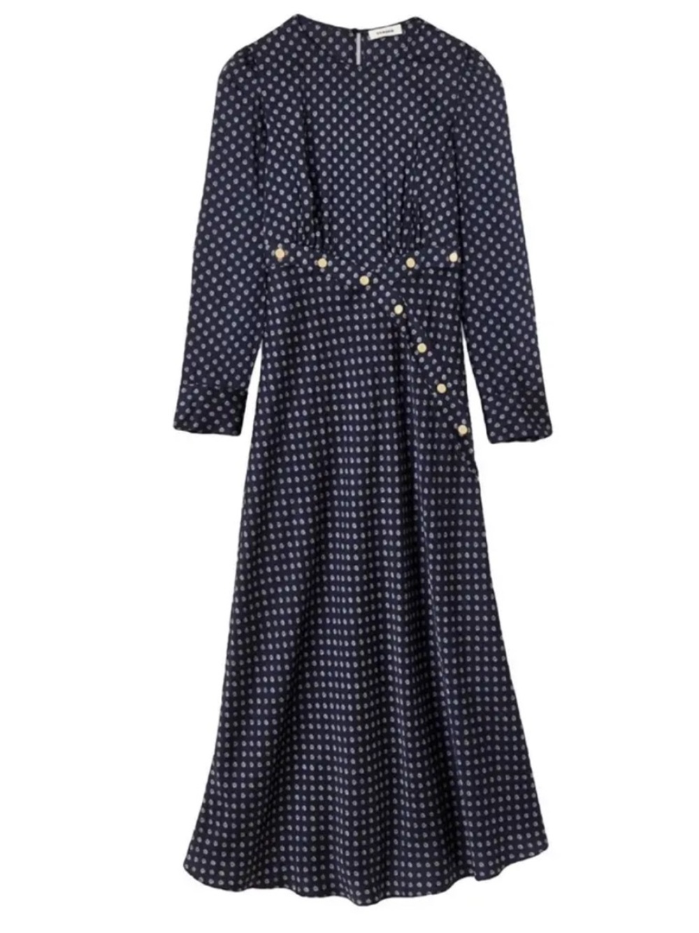 Sandro Navy and White Polka Dot Long Sleeve Midi Dress